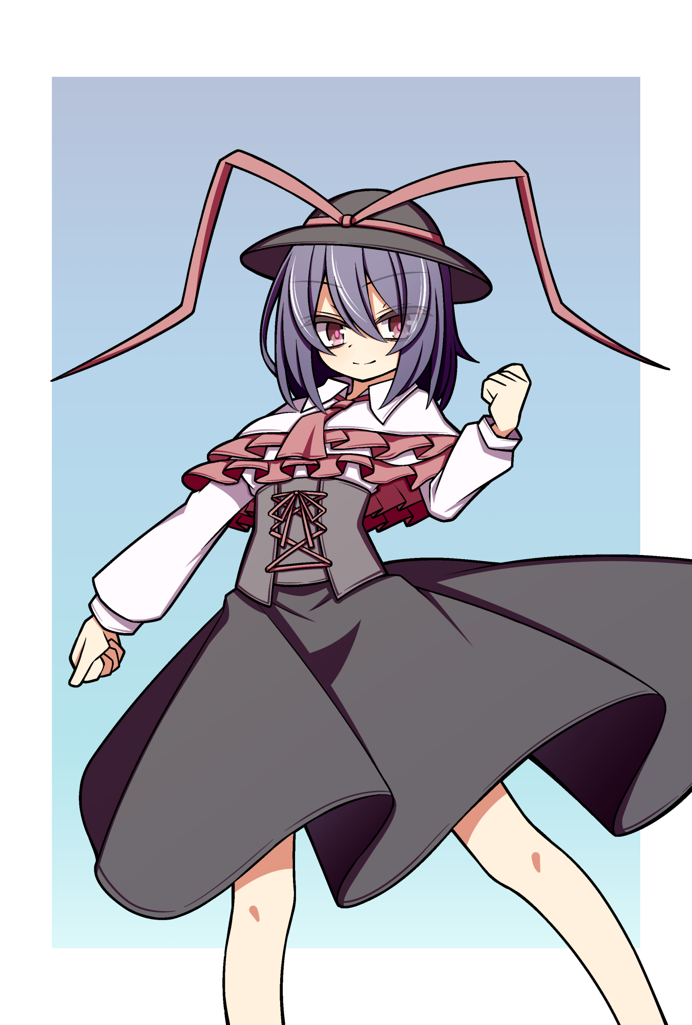 hekkmushi, nagae iku, touhou, highres, 1girl, black hat, black skirt, blue background, border, capelet, clenched hands, closed mouth, frilled capelet, frills, gradient background, hat, hat ribbon, high-waist skirt, long sleeves, looking at viewer, purple hair, red eyes, red pupils, red ribbon, ribbon, short hair, skirt, smile, solo, white border, white capelet