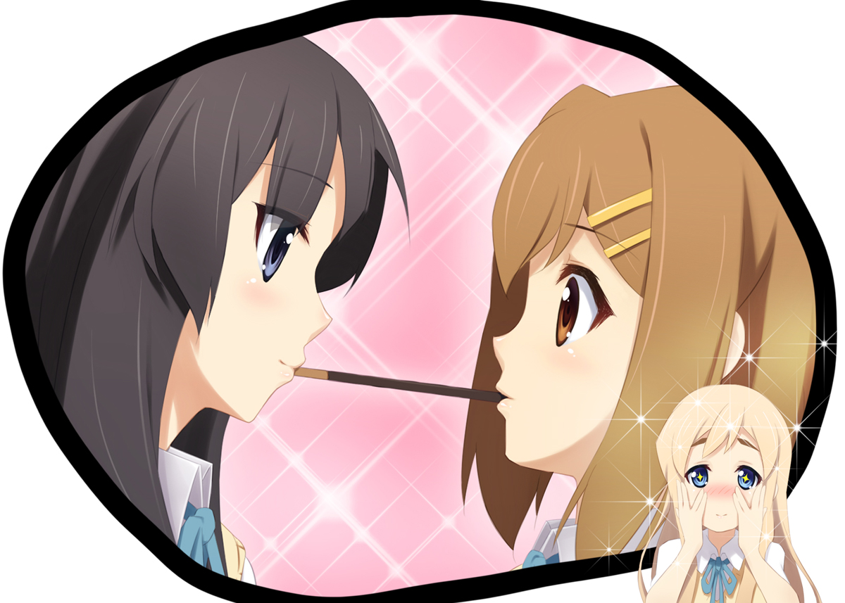 fujirin, akiyama mio, hirasawa yui, kotobuki tsumugi, ga-rei, ga-rei zero, k-on!, + +, 3girls, blush, eye contact, hair ornament, hairclip, imagining, lips, look-alike, looking at another, mouth hold, multiple girls, parody, pocky, pocky kiss, school uniform, shared food, sparkle, yuri