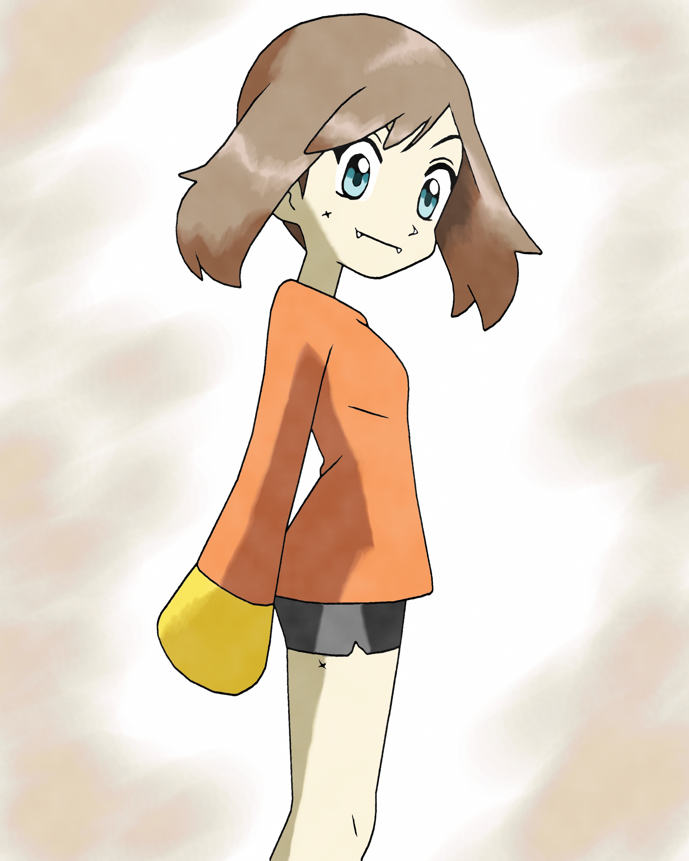 amayzing2002, may (pokemon), nintendo, pokemon, pokemon adventures, absurdres, highres, 1girl, black shorts, blue eyes, brown hair, fang, long sleeves, looking at viewer, orange sleeves, short hair, shorts, simple background, smile