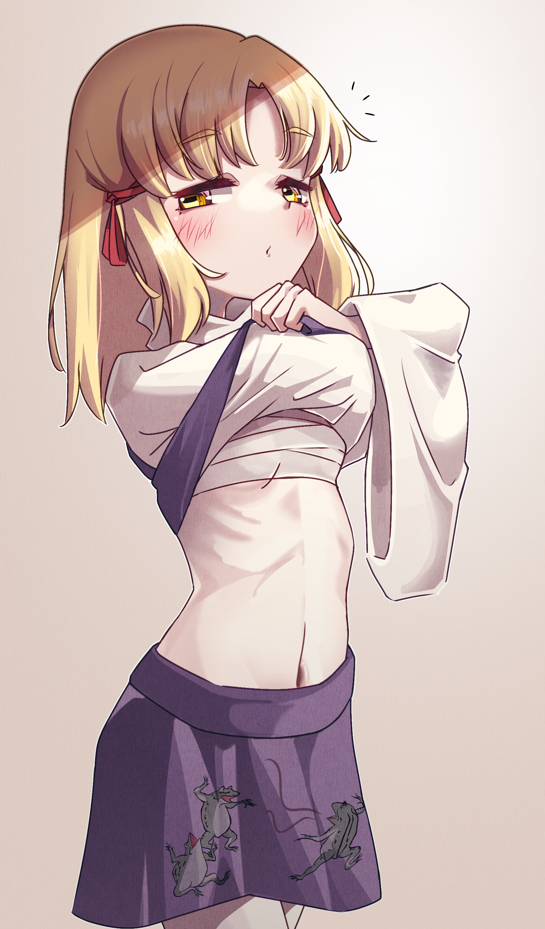esujii (sg gush wak), moriya suwako, touhou, absurdres, highres, 1girl, blonde hair, blush, breasts, brown background, chest sarashi, clothes lift, cowboy shot, looking at viewer, medium hair, notice lines, petite, purple skirt, purple vest, ribs, sarashi, shirt, shirt lift, simple background, skirt, small breasts, solo, turtleneck, turtleneck shirt, undressing, vest, white shirt, yellow eyes