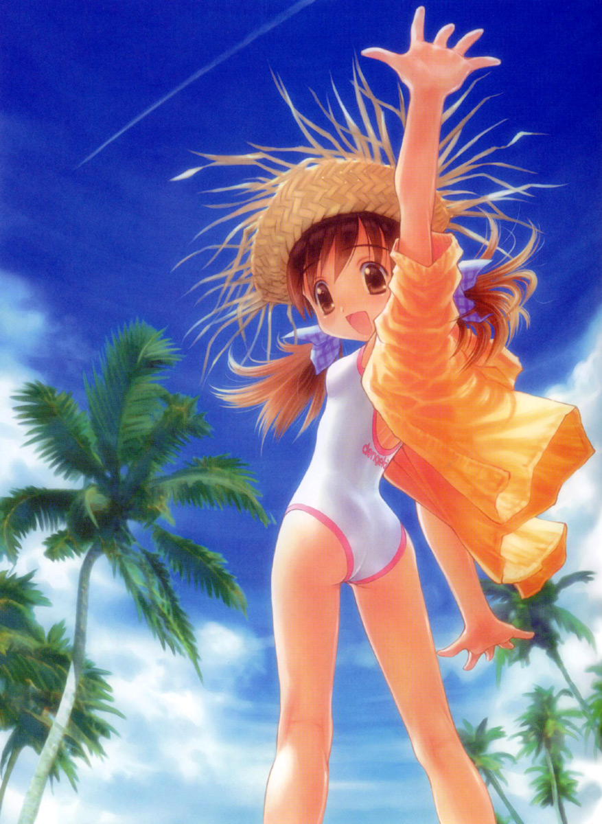 goto p, dengeki hime, highres, brown eyes, brown hair, flat chest, hat, one-piece swimsuit, palm tree, solo, straw hat, swimsuit, tree, twintails