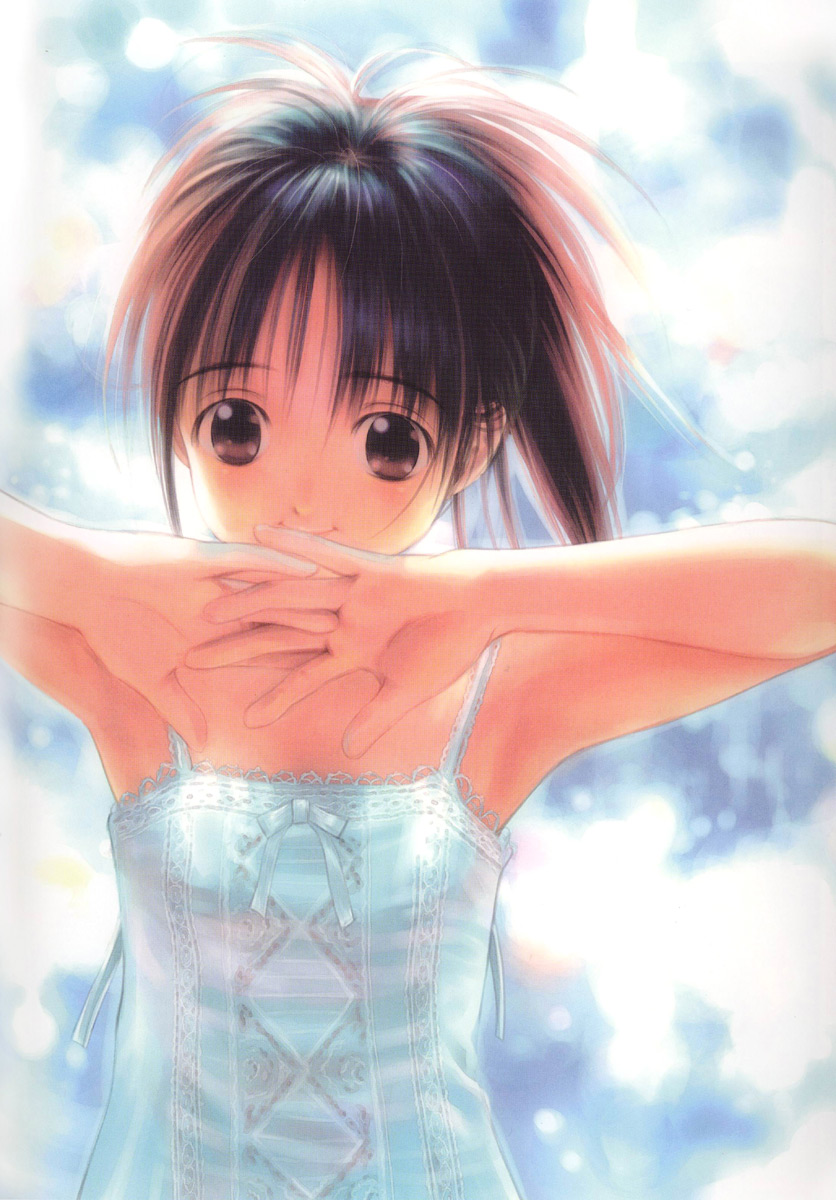 goto p, natsuwa himawari, wandaba style, highres, 00s, armpits, brown eyes, brown hair, camisole, dress, flat chest, ponytail, smile, solo