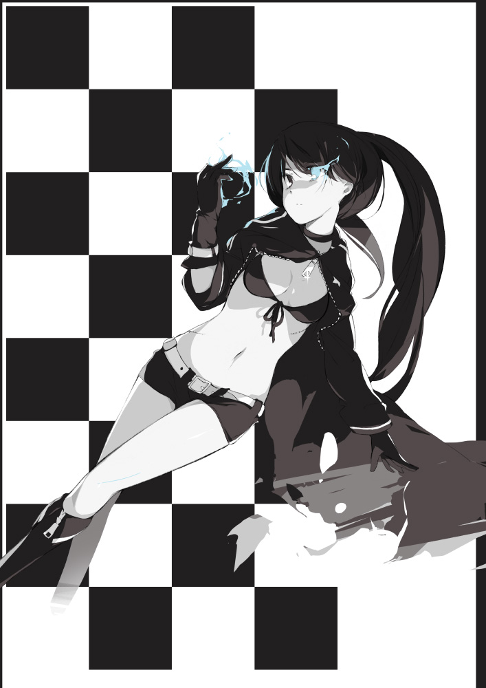 sakura sora, black rock shooter (character), black rock shooter, vocaloid, bad id, bad pixiv id, 10s, 1girl, bikini, bikini top only, black hair, female focus, glowing, glowing eyes, greyscale, hood, hoodie, monochrome, short shorts, shorts, solo, spot color, swimsuit, twintails, uneven twintails, zipper