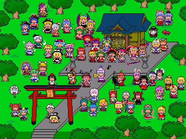 reorge, aki minoriko, aki shizuha, alice margatroid, chen, cirno, daiyousei, elly (touhou), flandre scarlet, fujiwara no mokou, hakurei reimu, hakurei reimu (pc-98), hinanawi tenshi, hong meiling, hoshiguma yuugi, houraisan kaguya, ibuki suika, inaba tewi, izayoi sakuya, kagiyama hina, kamishirasawa keine, kawashiro nitori, kazami yuuka, kazami yuuka (pc-98), kirisame marisa, kirisame marisa (pc-98), koakuma, kochiya sanae, komeiji satori, konpaku youmu, konpaku youmu (ghost), kurodani yamame, kurumi (touhou), letty whiterock, lunasa prismriver, lyrica prismriver, mai (touhou), merlin prismriver, mima (touhou), mizuhashi parsee, morichika rinnosuke, moriya suwako, mystia lorelei, nagae iku, ness (mother 2), okazaki yumemi, onozuka komachi, patchouli knowledge, reisen udongein inaba, remilia scarlet, rumia, saigyouji yuyuko, sasaki rinbokusan, shameimaru aya, shiki eiki, shinki (touhou), wriggle nightbug, yagokoro eirin, yakumo ran, yakumo yukari, yasaka kanako, yuki (touhou), lotus land story, mother (series), mother 2, mystic square, nintendo, phantasmagoria of dim.dream, team shanghai alice, touhou, touhou (pc-98), touhou mother, 2boys, 6+girls, bat wings, blonde hair, blue hair, brown hair, child, everyone, gap (touhou), ghost, green hair, hat, hitodama, horns, instrument, keyboard (instrument), multiple boys, multiple girls, music, musical note, nightcap, parody, pink hair, pixel art, playing instrument, red eyes, red hair, shrine, single horn, stone lantern, time paradox, torii, tree, trumpet, vampire, white hair, wings, witch, yukkuri shiteitte ne