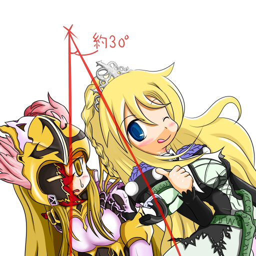 musaisyoku, maria, maria (knights in the nightmare), yggdra yuril artwaltz, knights in the nightmare, yggdra union, bad id, bad pixiv id, 2girls, :p, blonde hair, blue eyes, long hair, multiple girls, one eye closed, tiara, tongue, tongue out, valkyrie, very long hair, wink, yellow eyes