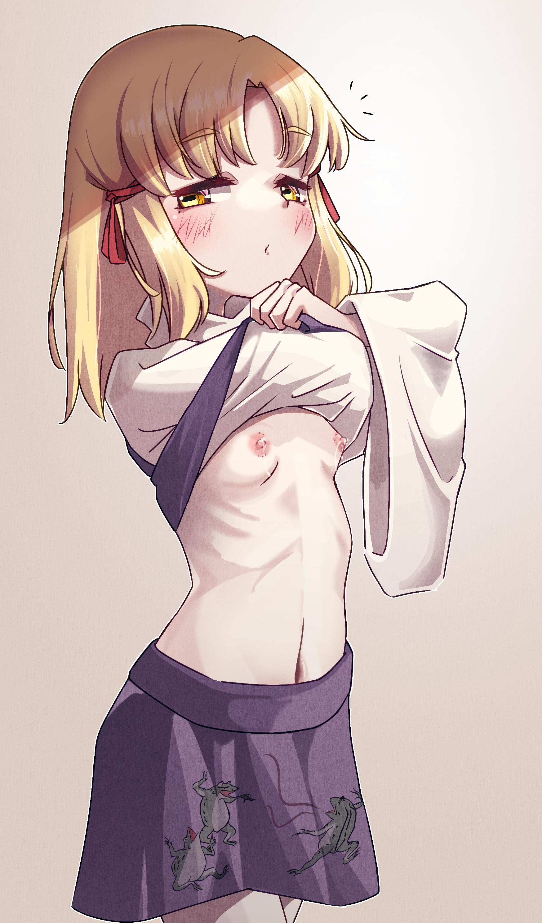 esujii (sg gush wak), moriya suwako, touhou, absurdres, highres, 1girl, blonde hair, blush, breasts, brown background, clothes lift, cowboy shot, lactation, looking at viewer, medium hair, nipples, notice lines, petite, purple skirt, purple vest, ribs, shirt, shirt lift, simple background, skirt, small breasts, solo, turtleneck, turtleneck shirt, undressing, vest, white shirt, yellow eyes
