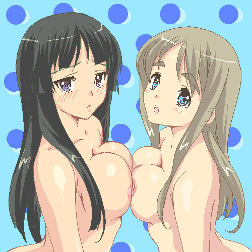 akiyama mio, kotobuki tsumugi, k-on!, lowres, 00s, 2girls, asymmetrical docking, black hair, blue eyes, blush, breast press, breasts, brown hair, completely nude, large breasts, long hair, medium breasts, multiple girls, nipples, nipples touching, nude, oekaki, pixel art, symmetrical docking, yuri