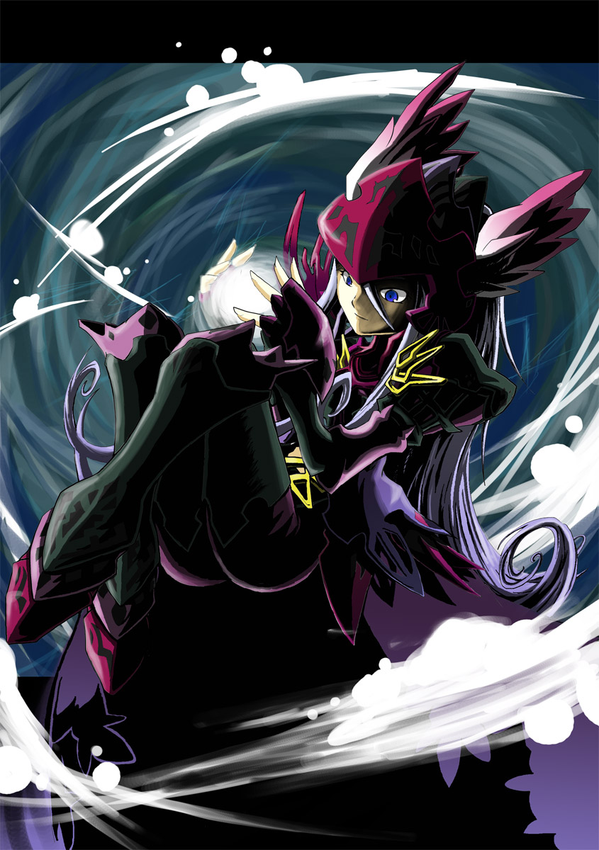 hitohito, rpurasu, mellia, knights in the nightmare, highres, 1girl, ass, blue eyes, energy, female focus, grey hair, helmet, knees up, long hair, smile, solo, valkyrie