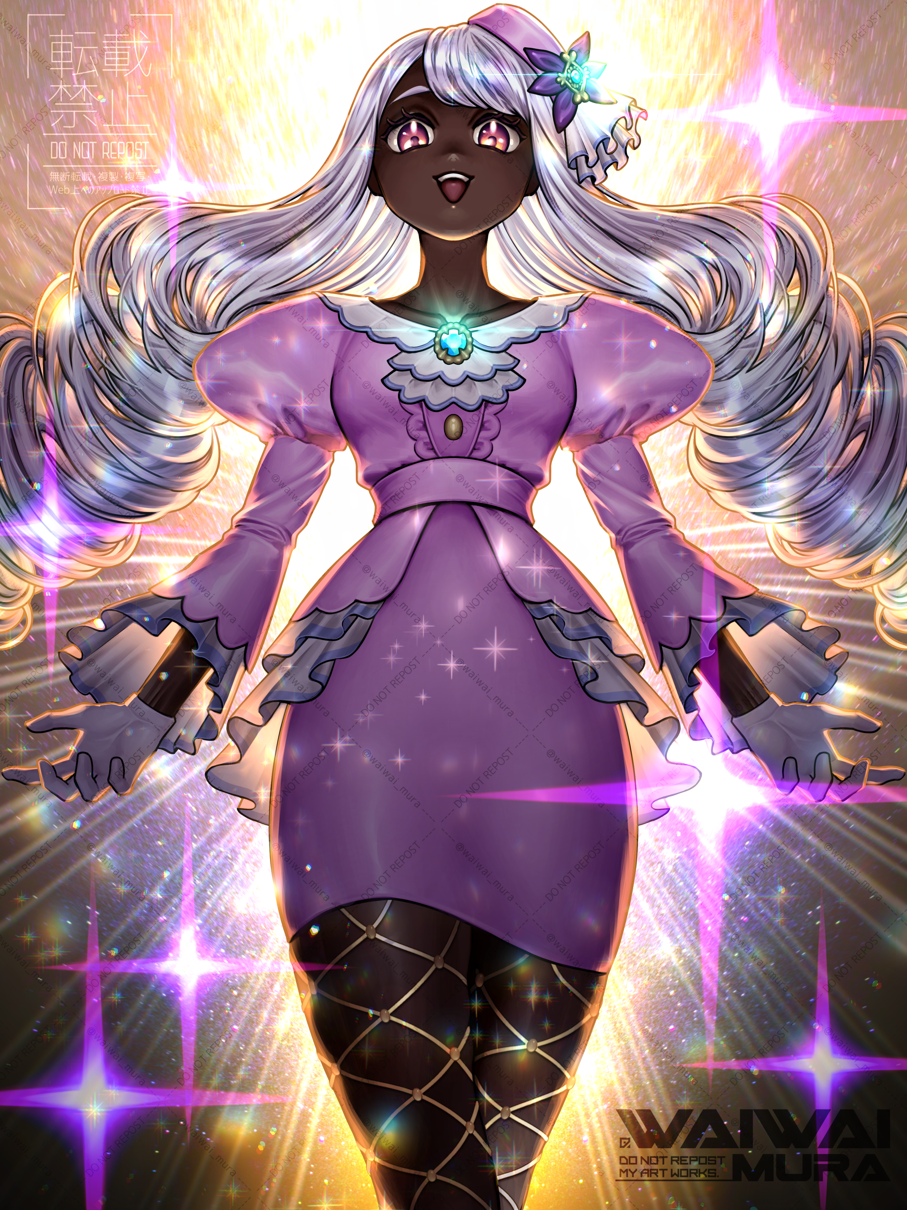 waiwai mura, jacinthe (pokemon), nintendo, pokemon, pokemon legends: z-a, absurdres, commentary, highres, 1girl, :d, amulet, dark-skinned female, dark skin, dress, drill hair, fishnet pantyhose, fishnets, frills, gloves, glowing, hair ornament, hat, long hair, open mouth, pantyhose, puffy sleeves, purple dress, purple hat, smile, solo, sparkle, teeth, twin drills, twintails, upper teeth only, watermark, white gloves
