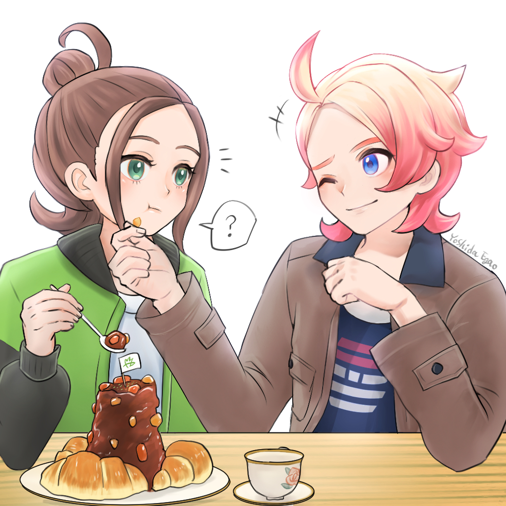 harmony (pokemon), urbain (pokemon), nintendo, pokemon, pokemon legends: z-a, commentary request, +++, 1boy, 1girl, :t, ;), ?, ahoge, blue eyes, blue shirt, brown hair, brown jacket, closed mouth, croissant, cup, curry, eyelashes, food, food on face, green eyes, green jacket, hair bun, holding, holding spoon, jacket, notice lines, one eye closed, open clothes, open jacket, plate, print shirt, saucer, shirt, signature, smile, spoken question mark, spoon, teacup, white background, yoshida-smile