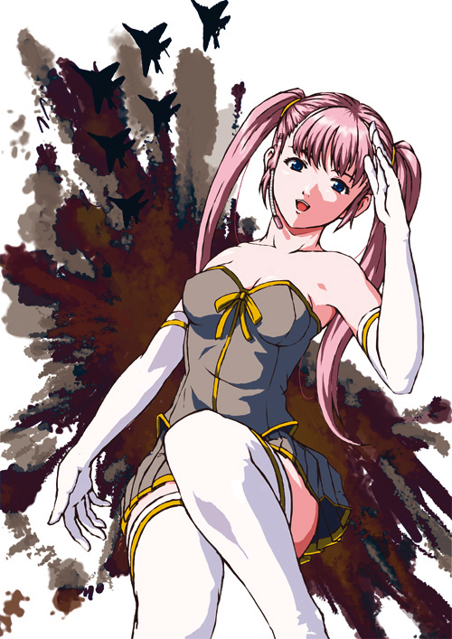 hirocky (pixiv61737), mig-29, original, bad id, bad pixiv id, 1girl, aircraft, airplane, bare shoulders, elbow gloves, female focus, fighter jet, gloves, headset, military, military vehicle, skirt, solo, thighhighs, twintails, zettai ryouiki