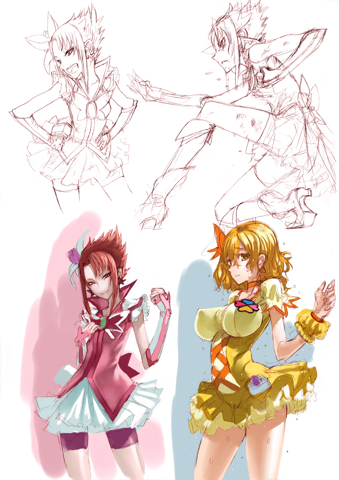 honjou raita, cure pine, cure rouge, natsuki rin, yamabuki inori, fresh precure!, precure, yes! precure 5, yes! precure 5 gogo!, highres, 00s, 2girls, bike shorts, blonde hair, breasts, dress, earrings, flat chest, frills, jewelry, large breasts, magical girl, multiple girls, perky breasts, purple shorts, red hair, short hair, shorts, shorts under skirt, simple background, sketch, spiked hair