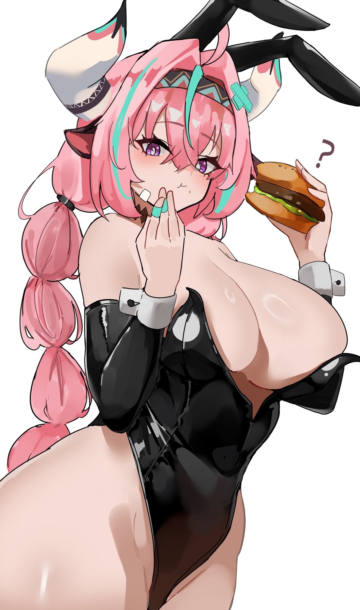 unknownnoname0, varesa (genshin impact), genshin impact, commentary, highres, 1girl, ?, ahoge, animal ears, aqua hair, aqua hairband, bandaid, bandaid on cheek, bandaid on face, bare shoulders, black hairband, black leotard, black sleeves, blush, braid, breasts, burger, covered navel, cow ears, cow girl, cow horns, crumbs, detached sleeves, eating, food, hair between eyes, hair ornament, hairband, holding, holding burger, holding food, horns, huge breasts, jewelry, leotard, lettuce, long hair, looking at viewer, multicolored hair, multicolored hairband, multiple rings, open mouth, pink eyes, pink hair, pink hairband, playboy bunny, rabbit ears, ring, ring light reflection, simple background, smile, solo, streaked hair, thighs, twin braids, twintails, two-tone hair, white background, white horns, white wrist cuffs, wrist cuffs