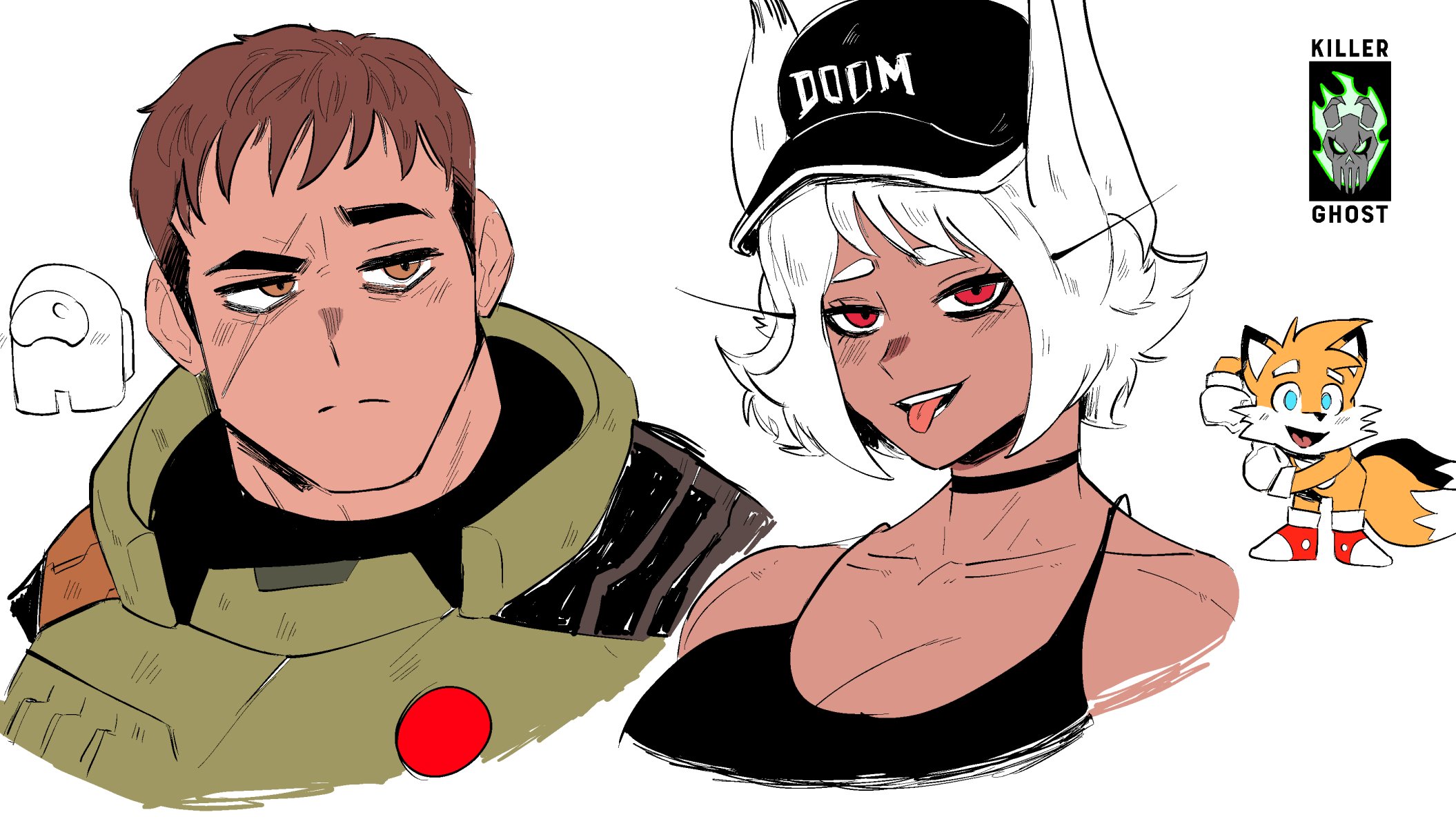 lordkillerghost, crewmate (among us), doomguy, mirko, tails (sonic), among us, boku no hero academia, doom (2016), doom (series), doom eternal, sonic (series), highres, 1girl, :p, animal ear fluff, animal ears, black tank top, breasts, dark-skinned female, dark skin, floppy ears, large breasts, long eyelashes, muscular, muscular female, muscular male, rabbit ears, rabbit girl, red eyes, scar, scar across eye, scar on face, tank top, toned, toned female, tongue, tongue out, white hair