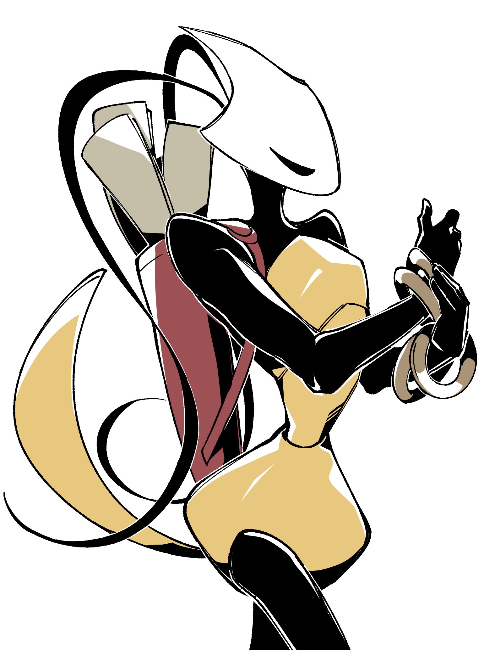 shakra (hollow knight), hollow knight, hollow knight: silksong, highres, 1girl, antennae, arthropod girl, bag, bamsot, bare shoulders, bracelet, cropped legs, gold bracelet, hollow eyes, horned mask, jewelry, mask, no mouth, red bag, simple background, weapon, white background, white mask