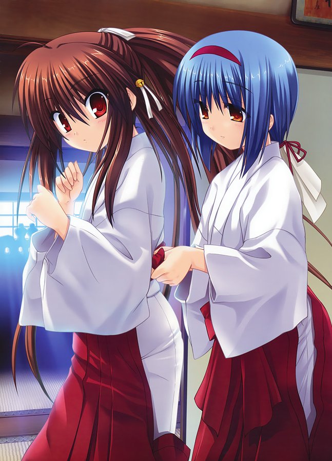na-ga, natsume rin, nishizono mio, little busters!, blue hair, brown hair, japanese clothes, miko