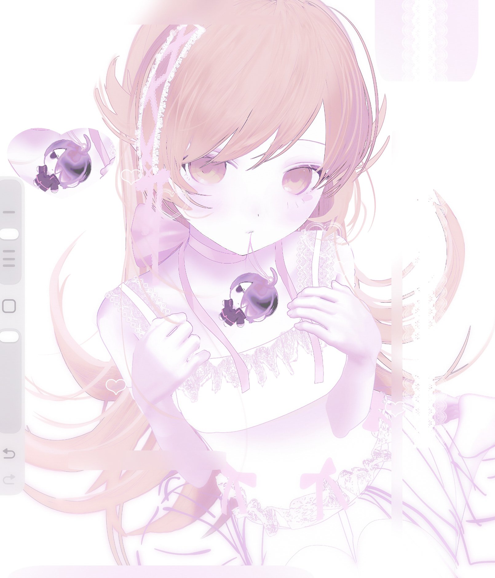 araragi koyomi, oshino shinobu, monogatari (series), highres, unfinished, 1girl, art program in frame, back bow, bare arms, blonde hair, blush stickers, bow, character charm, charm (object), closed mouth, dot nose, dress, dress bow, expressionless, flat chest, flipped hair, hair between eyes, hair flaps, hands on own chest, hands up, heart, lace, lace-trimmed dress, lace-trimmed hair ornament, lace background, lace trim, legs together, light blush, long hair, looking at viewer, mouth hold, neck ribbon, ribbon, ringed eyes, simple background, sitting, solo, swept bangs, thighhighs, upper body, very long hair, wariza, white background, white dress, white thighhighs, x yo 1, yellow eyes