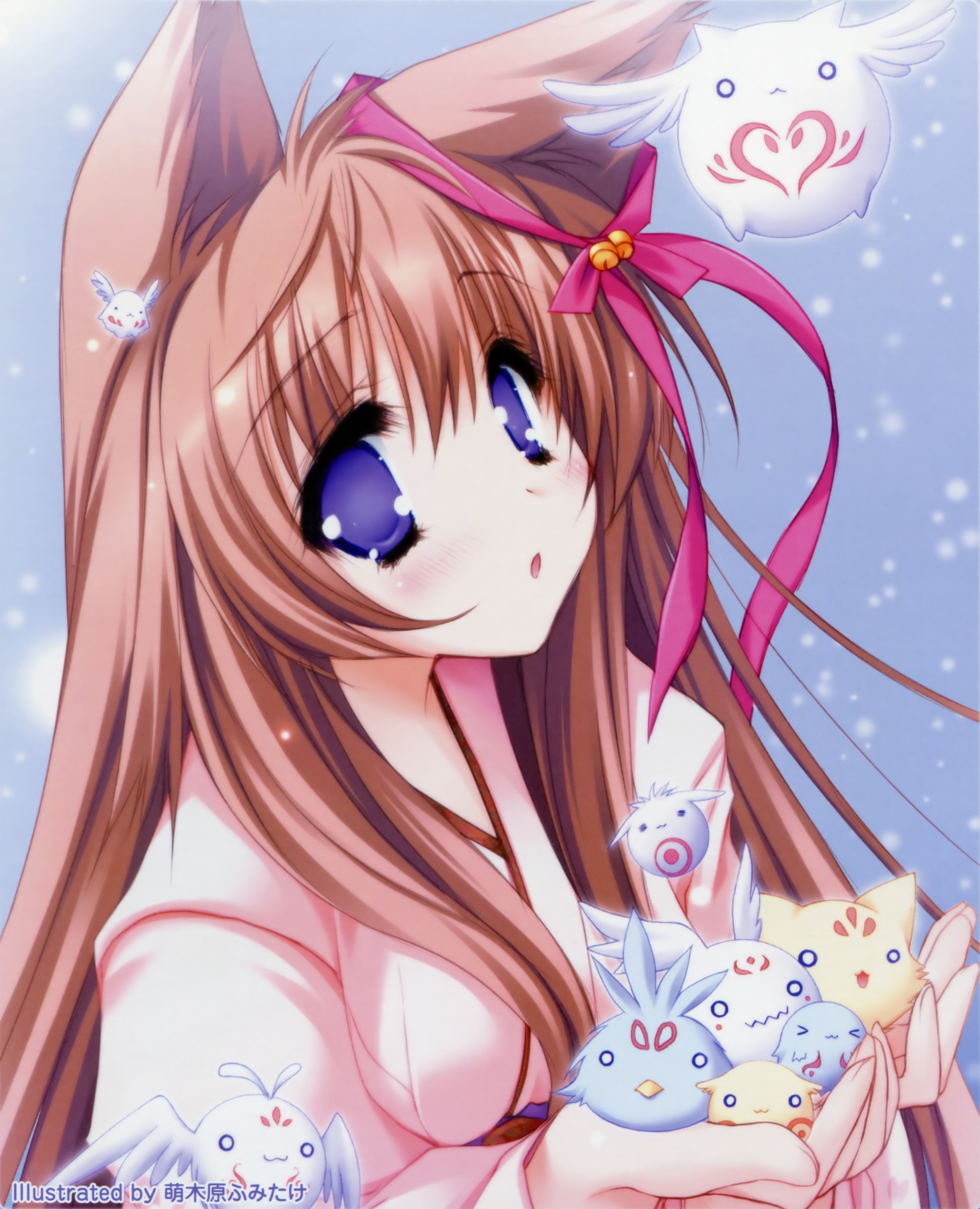 moekibara fumitake, mito mashiro, tayutama, absurdres, highres, 00s, animal ears, brown hair, japanese clothes, long hair, purple eyes, solo