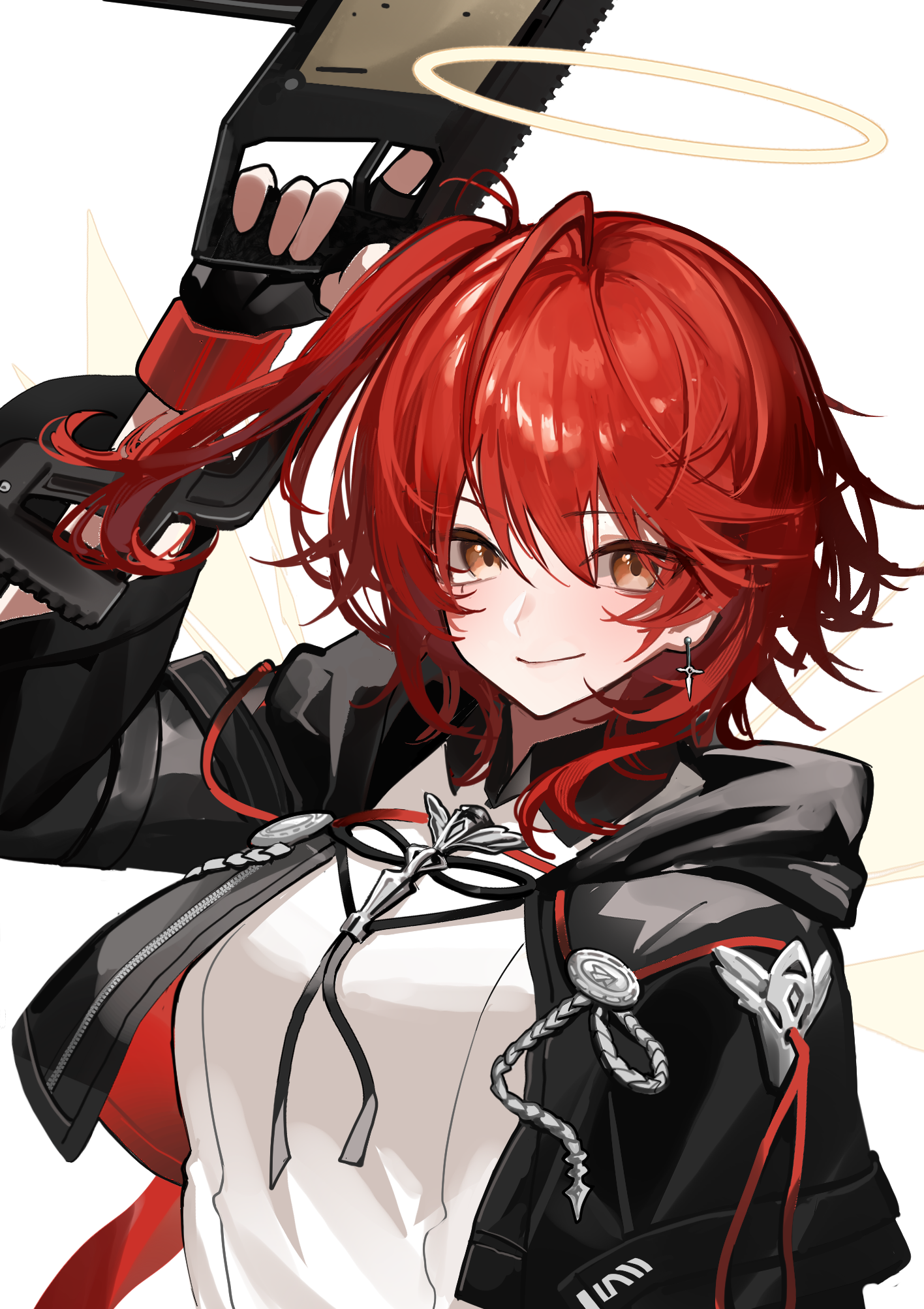 paszuto, exusiai (arknights), exusiai the new covenant (arknights), arknights, commentary, highres, 1girl, angel, black jacket, breasts, cross, cross earrings, earrings, halo, holding, holding weapon, jacket, jewelry, looking at viewer, medium breasts, orange eyes, red hair, shirt, short hair, side ponytail, simple background, smile, solo, upper body, weapon, white background, white shirt