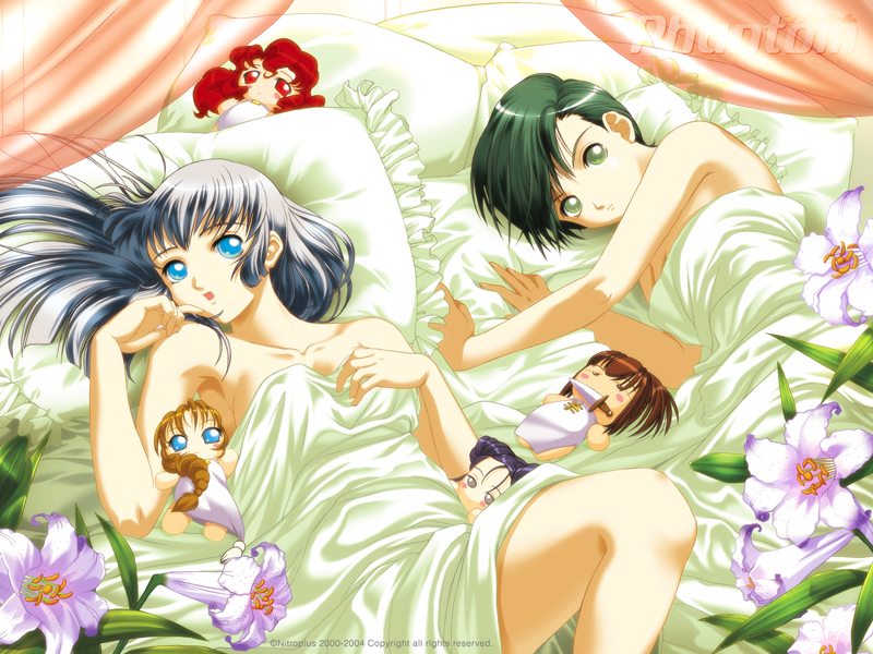 nitroplus, phantom of inferno, silver hair, 2girls, blue eyes, doll, frilled pillow, frills, green eyes, green hair, multiple girls, pillow