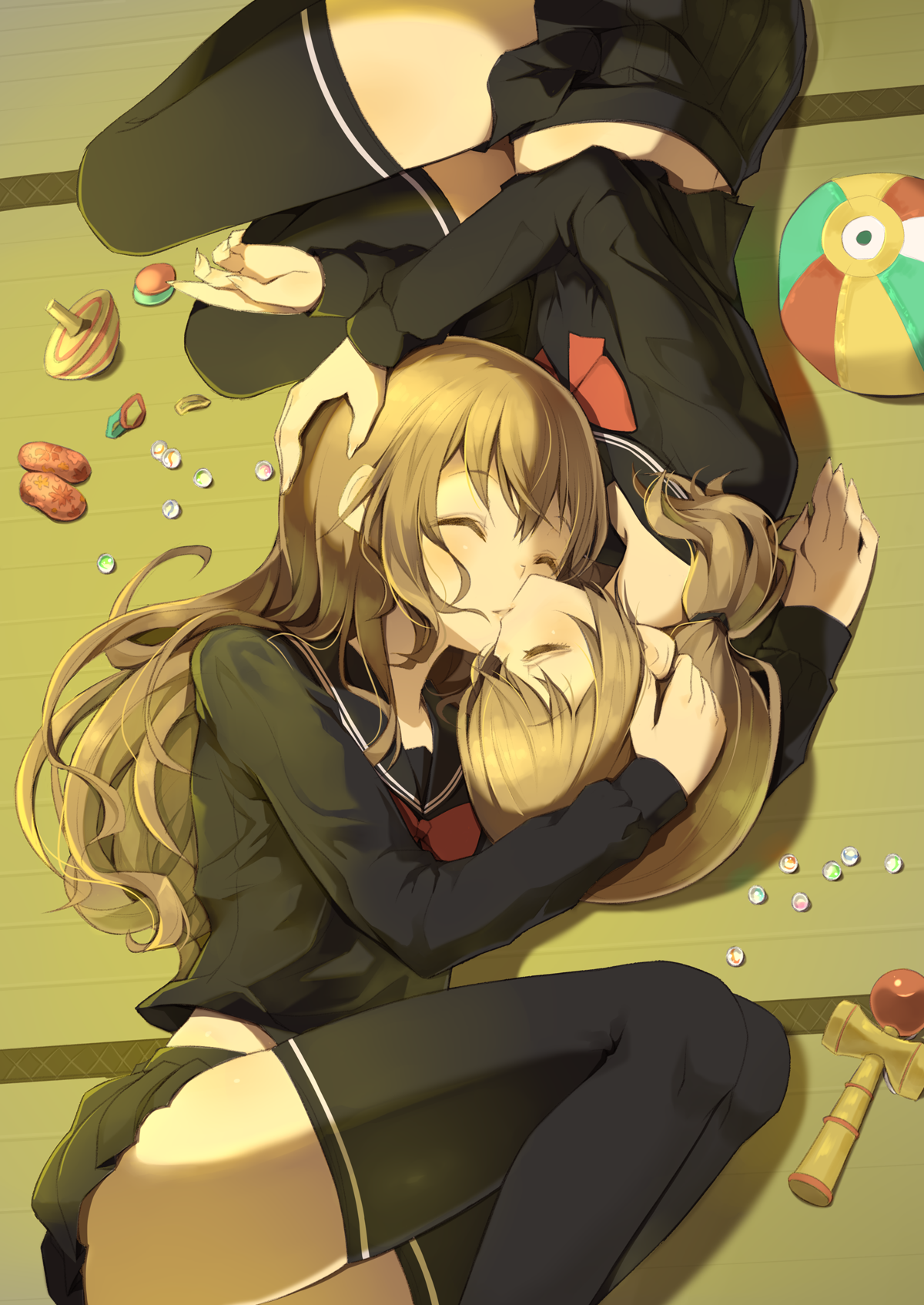 arashiya, original, commentary request, highres, 2girls, ball, beachball, black sailor collar, black serafuku, black shirt, black skirt, black thighhighs, bow, bowtie, brown hair, closed eyes, hand on another's head, kendama, kiss, long hair, long sleeves, low twintails, lying, marble (toy), medium hair, miniskirt, multiple girls, on floor, on side, pleated skirt, red bow, red bowtie, rotational symmetry, rubber band, sailor collar, school uniform, serafuku, shirt, skirt, spinning top, thighhighs, twintails, wavy hair, yuri
