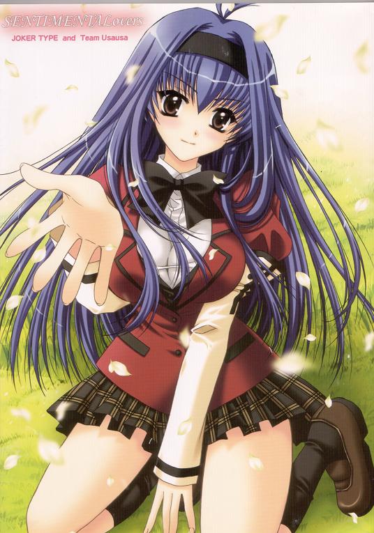 akira (usausa), takatoo nanase, kakyuusei (series), kakyuusei 2, 1girl, black socks, blue hair, bow, breasts, brown eyes, female focus, hairband, plaid clothes, plaid skirt, school uniform, shoes, skirt, socks, solo