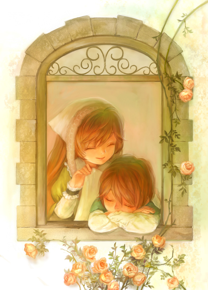 miya (foolish order), souseiseki, suiseiseki, rozen maiden, bad id, bad pixiv id, 00s, 2girls, blanket, brown hair, closed eyes, covering with blanket, crossed arms, dress, flower, hairband, headscarf, long hair, multiple girls, orange flower, orange rose, plant, rose, short hair, siblings, sisters, sleeping, smile, twins, vines, white headscarf, window