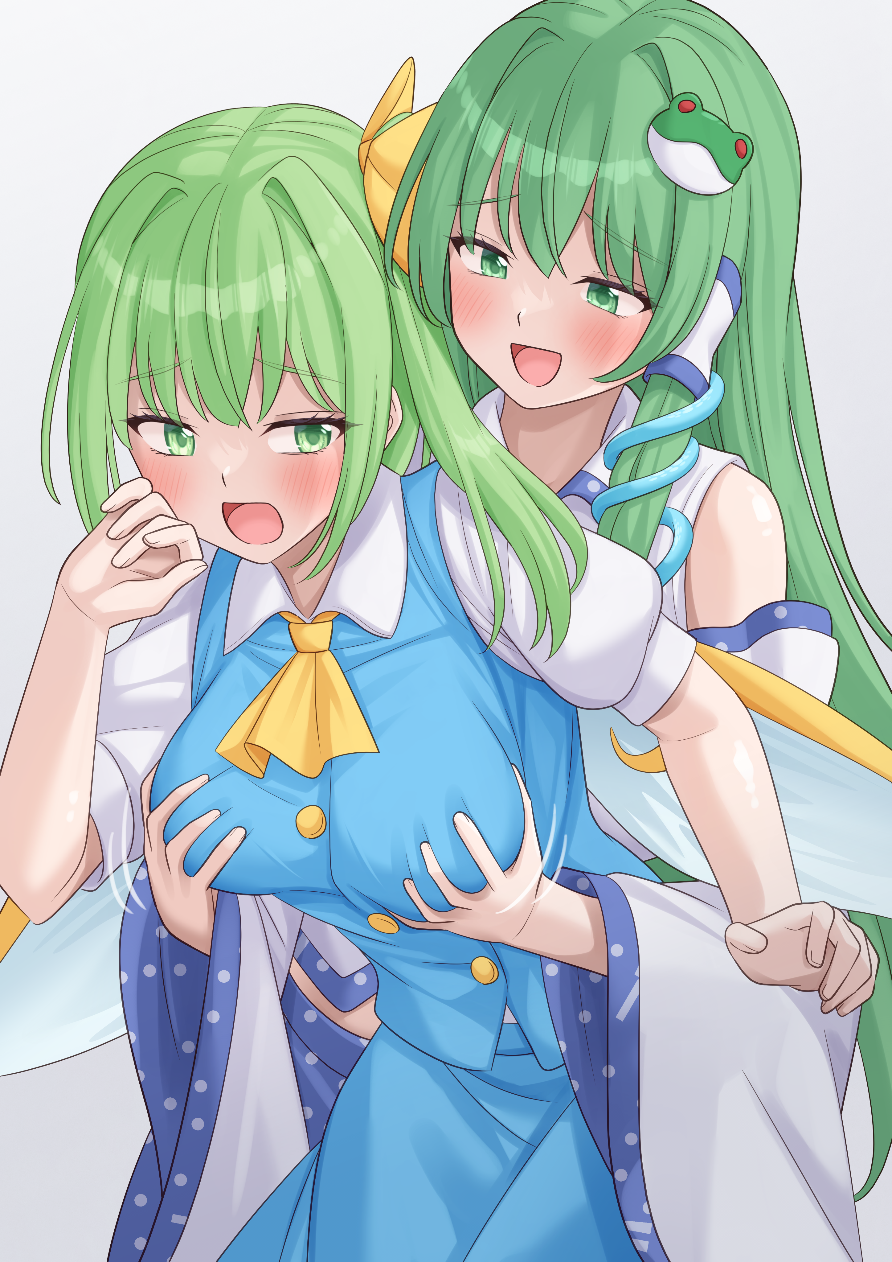 ramie (ramie541), daiyousei, kochiya sanae, touhou, absurdres, highres, 2girls, ascot, blue dress, blush, bow, breasts, cowboy shot, detached sleeves, dress, fairy wings, frog hair ornament, grabbing another's breast, grabbing from behind, green eyes, green hair, groping, hair bow, hair ornament, hair ribbon, hair tubes, large breasts, long hair, long sleeves, molestation, multiple girls, open mouth, ribbon, short hair, short sleeves, side ponytail, single hair tube, skirt, smile, snake, snake hair ornament, white background, wings, yellow ascot, yellow bow