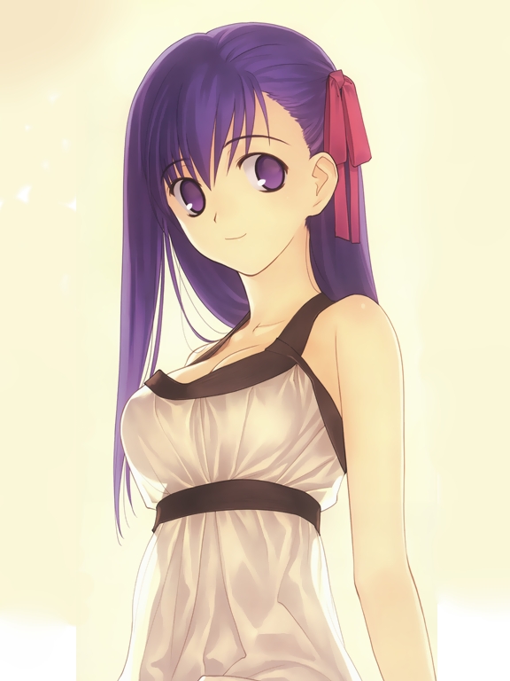 koyama hirokazu, matou sakura, fate/stay night, fate (series), duplicate, 00s, hair ribbon, official alternate costume, purple eyes, purple hair, ribbon, smile, solo, tank top