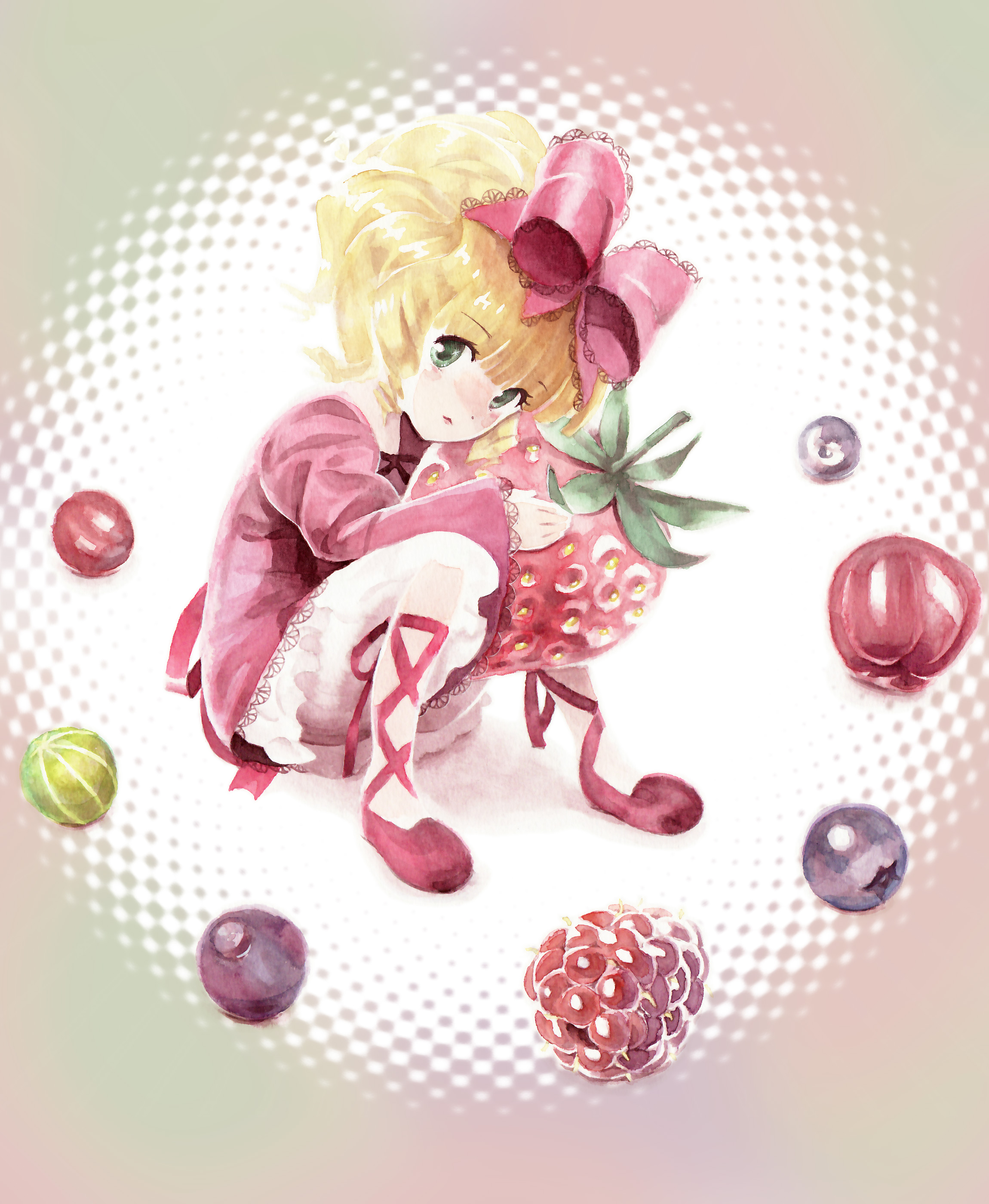 missacula, hinaichigo, rozen maiden, absurdres, highres, 00s, 1girl, blonde hair, blueberry, blush, bow, dress, drill hair, female focus, food, fruit, green eyes, hair bow, pink bow, raspberry, short hair, solo, strawberry