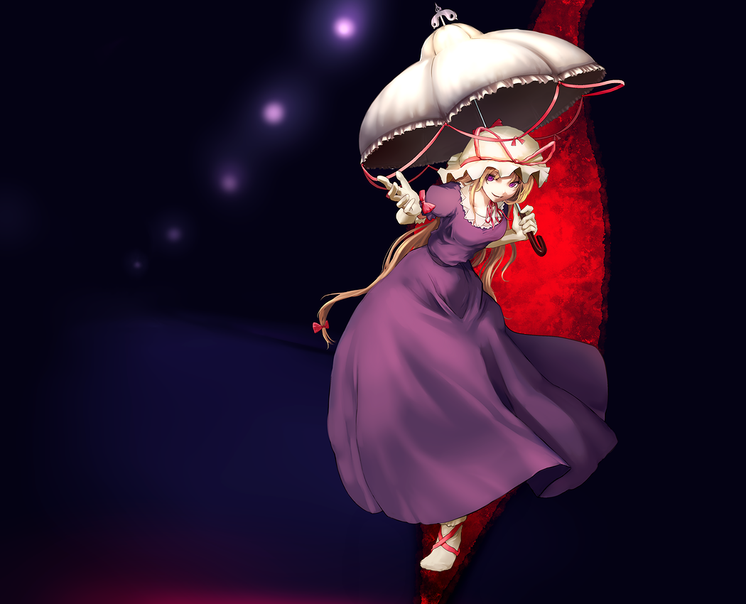 chirigami-san, yakumo yukari, touhou, lights, bad id, bad pixiv id, 1girl, elbow gloves, female focus, gap (touhou), gloves, lamppost, leaning forward, parasol, reaching, smile, solo, umbrella