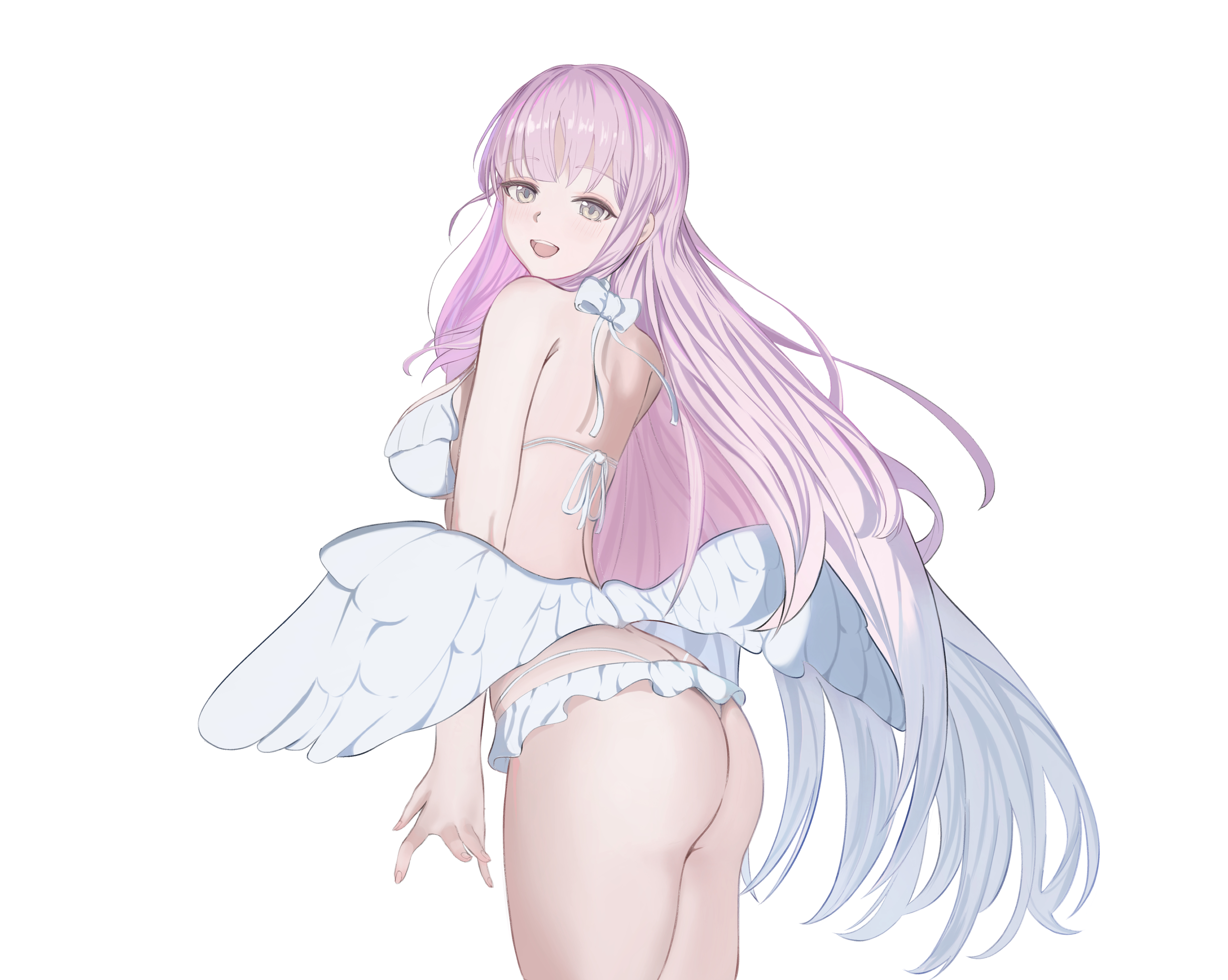 mika (blue archive), mika (swimsuit) (blue archive), blue archive, absurdres, highres, 1girl, angel wings, ass, bikini, breasts, feathered wings, frilled bikini, frills, halo, looking at viewer, looking back, low wings, medium breasts, nayuta9671, official alternate costume, official alternate hairstyle, open mouth, pink hair, pink halo, simple background, smile, solo, swimsuit, white background, white bikini, white wings, wings