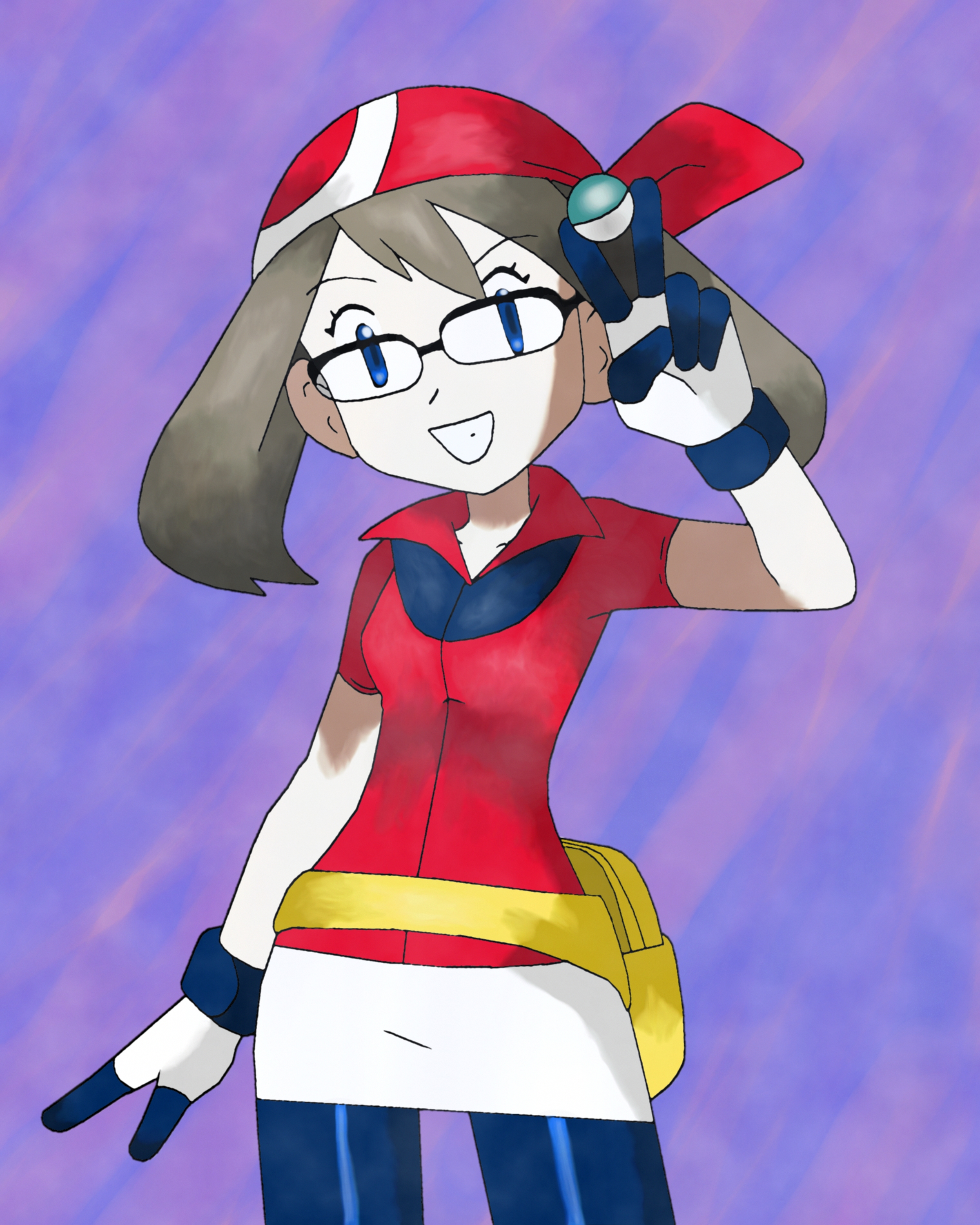 amayzing2002, may (pokemon), nintendo, pokemon, pokemon rse, absurdres, highres, 1girl, ball, banana, bandana, bike shorts, bike shorts under shorts, blue eyes, brown hair, fanny pack, food, fruit, glasses, gloves, holding, holding ball, holding poke ball, looking at viewer, poke ball, red bandana, red shirt, shirt, short hair, shorts, teeth