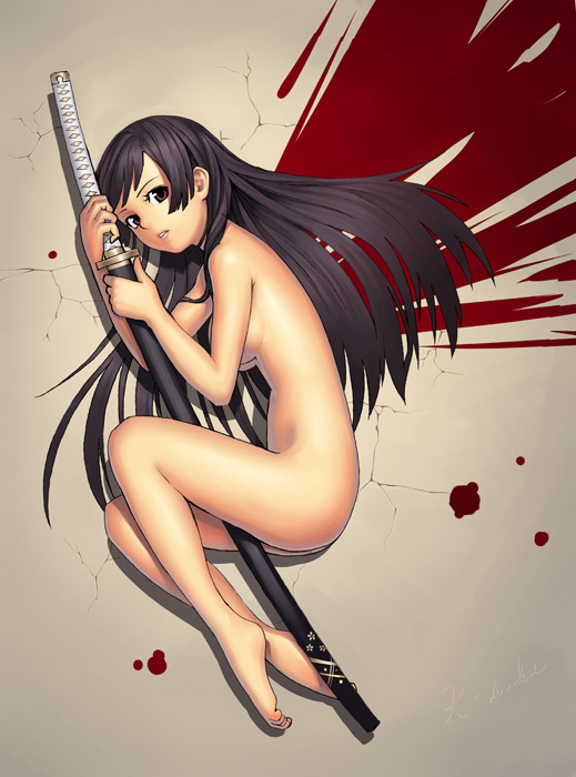 k+, 1girl, barefoot, black hair, blood, brown eyes, feet, female focus, fetal position, katana, long hair, lying, nude, on side, plantar flexion, sheath, sheathed, signature, solo, sword, weapon, wings