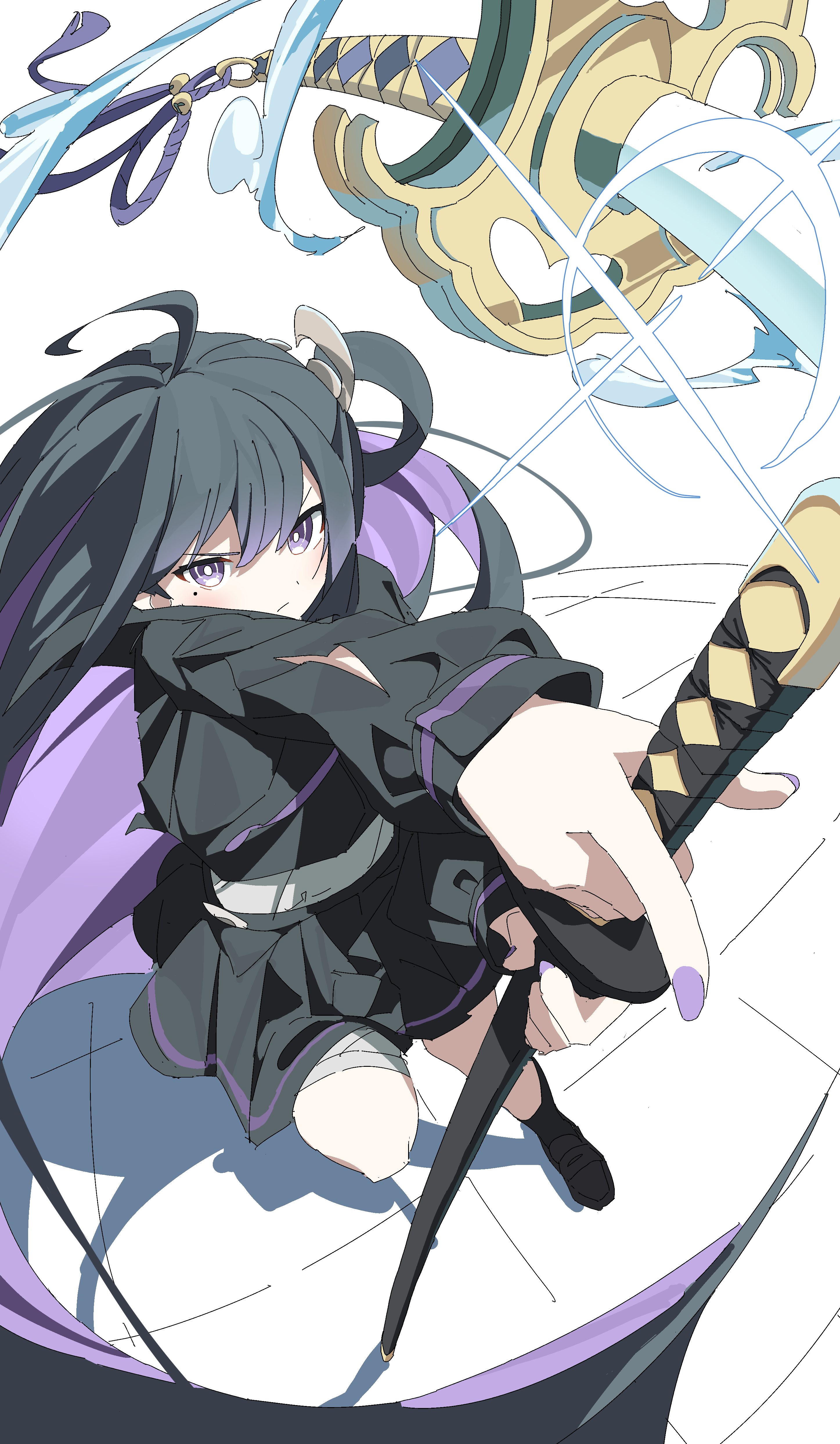 fuyubone, chitose (stella sora), stella sora, absurdres, highres, 1girl, black hair, black skirt, bright pupils, colored inner hair, holding, holding sword, holding weapon, katana, long hair, mole, mole under eye, multicolored hair, nail polish, pleated skirt, purple eyes, purple hair, purple nails, side ponytail, skirt, solo, sword, two-tone hair, weapon