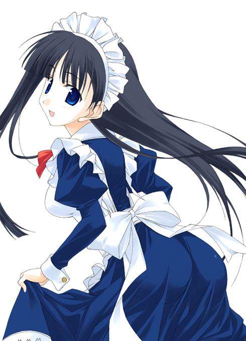 kusakabe yuuki (to heart 2), to heart (series), to heart 2, tagme, 00s, black hair, blue eyes, clothes lift, maid, simple background, skirt hold, solo, white background