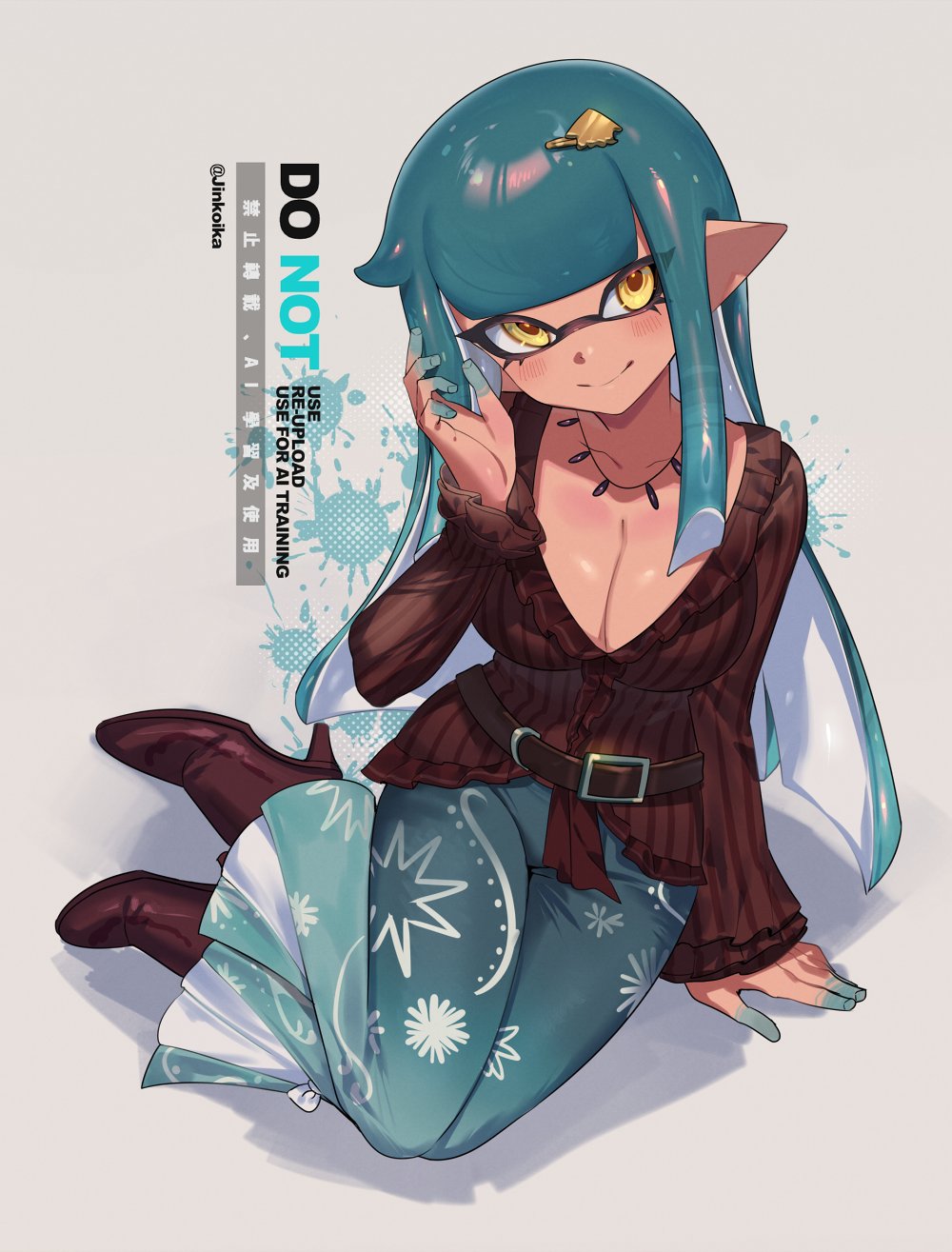jinkoika, inkling girl, inkling player character, nintendo, splatoon (series), commentary, highres, 1girl, aqua hair, aqua pants, belt, boots, breasts, brown belt, cleavage, closed mouth, collarbone, colored extremities, frilled sleeves, frills, full body, hair ornament, hairclip, hand up, inkling, jewelry, large breasts, long hair, long sleeves, necklace, pants, pointy ears, red boots, red shirt, shirt, smile, solo, tentacle hair, yellow eyes