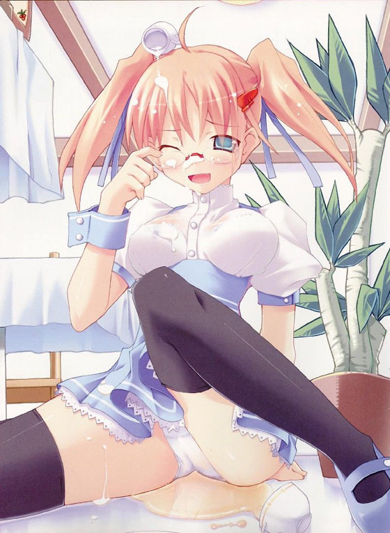 togami masaki, dengeki moeoh, non-web source, 1girl, accident, adjusting eyewear, crooked eyewear, female focus, glasses, looking over eyewear, milk, one eye closed, panties, pink hair, see-through clothes, see-through shirt, shirt, solo, spill, thighhighs, twintails, underwear, waitress, white panties, wink