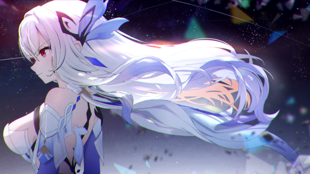 rerute (lerte 6), skirk (genshin impact), genshin impact, 1girl, bare shoulders, breasts, closed mouth, dress, floating hair, from side, gradient hair, hair between eyes, hair ornament, large breasts, long hair, multicolored hair, purple hair, red eyes, solo, upper body, very long hair, white dress, white hair