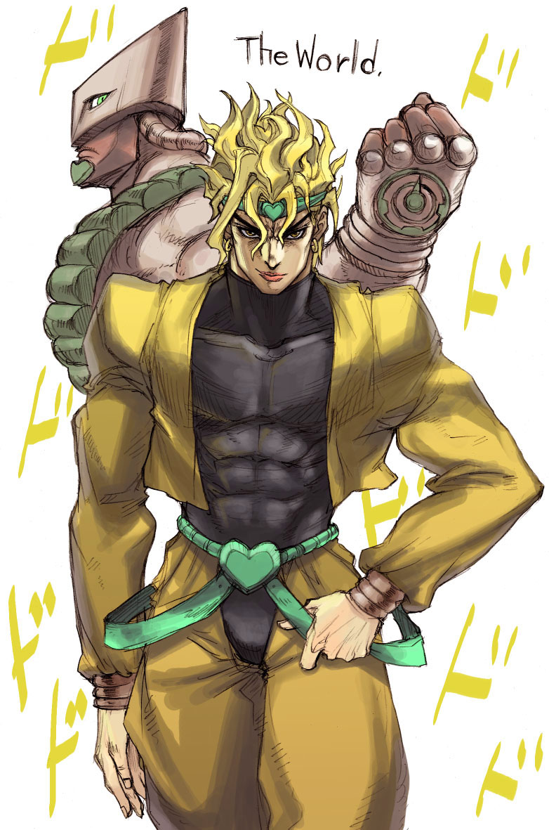 tetsu (kimuchi), dio brando, the world, jojo no kimyou na bouken, 2boys, blonde hair, contrapposto, earrings, evil smile, green eyes, jacket, jewelry, lips, looking at viewer, male focus, multiple boys, muscular, sleeveless, sleeveless turtleneck, smile, stand (jojo), standing, turtleneck, white background, yellow eyes, yellow jacket