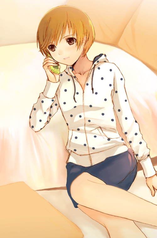 seiru (prairie), satonaka chie, atlus, persona, persona 4, 1girl, bed, brown eyes, brown hair, cellphone, female focus, hood, hoodie, phone, pillow, polka dot, polka dot shirt, shirt, short hair, skirt, solo, talking on phone, tomboy