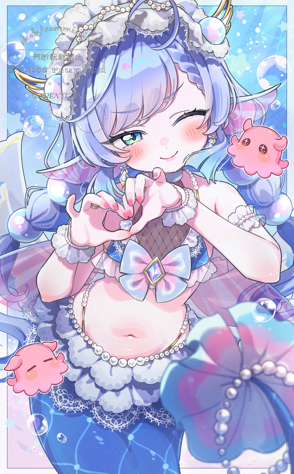 trente, original, commentary request, commission, highres, skeb commission, 1girl, ahoge, bead bracelet, bead necklace, beads, bikini, bikini top only, blue bikini, blue bow, blue eyes, blue hair, blue hairband, bow, bow bikini, bracelet, choker, closed mouth, earrings, fins, flat chest, hairband, head fins, heart, heart hands, jewelry, lolita hairband, long hair, looking at viewer, mermaid, monster girl, multi-tied hair, navel, necklace, one eye closed, pink bow, pink nails, ring, smile, solo, stomach, swimsuit, two-tone bow, very long hair, white choker, white wrist cuffs, wrist cuffs