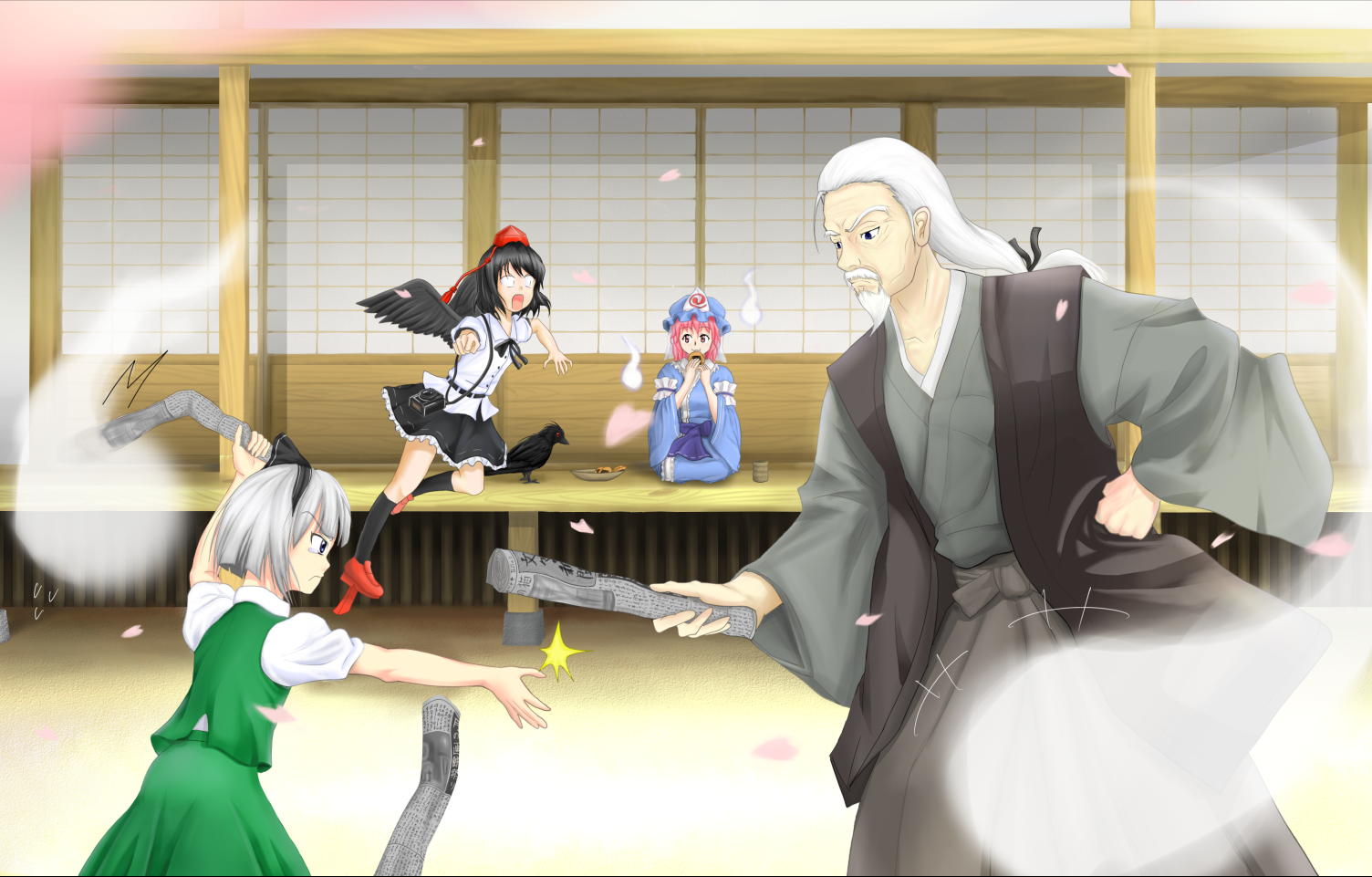 hinami (hinatamizu), konpaku youki, konpaku youki (ghost), konpaku youmu, konpaku youmu (ghost), saigyouji yuyuko, shameimaru aya, touhou, bad id, bad pixiv id, 1boy, 3girls, beard, black wings, facial hair, food, geta, ghost, hakama, hakama skirt, hat, hitodama, japanese clothes, kimono, long hair, multiple girls, newspaper, ponytail, skirt, tengu-geta, tokin hat, veranda, wagashi, wings