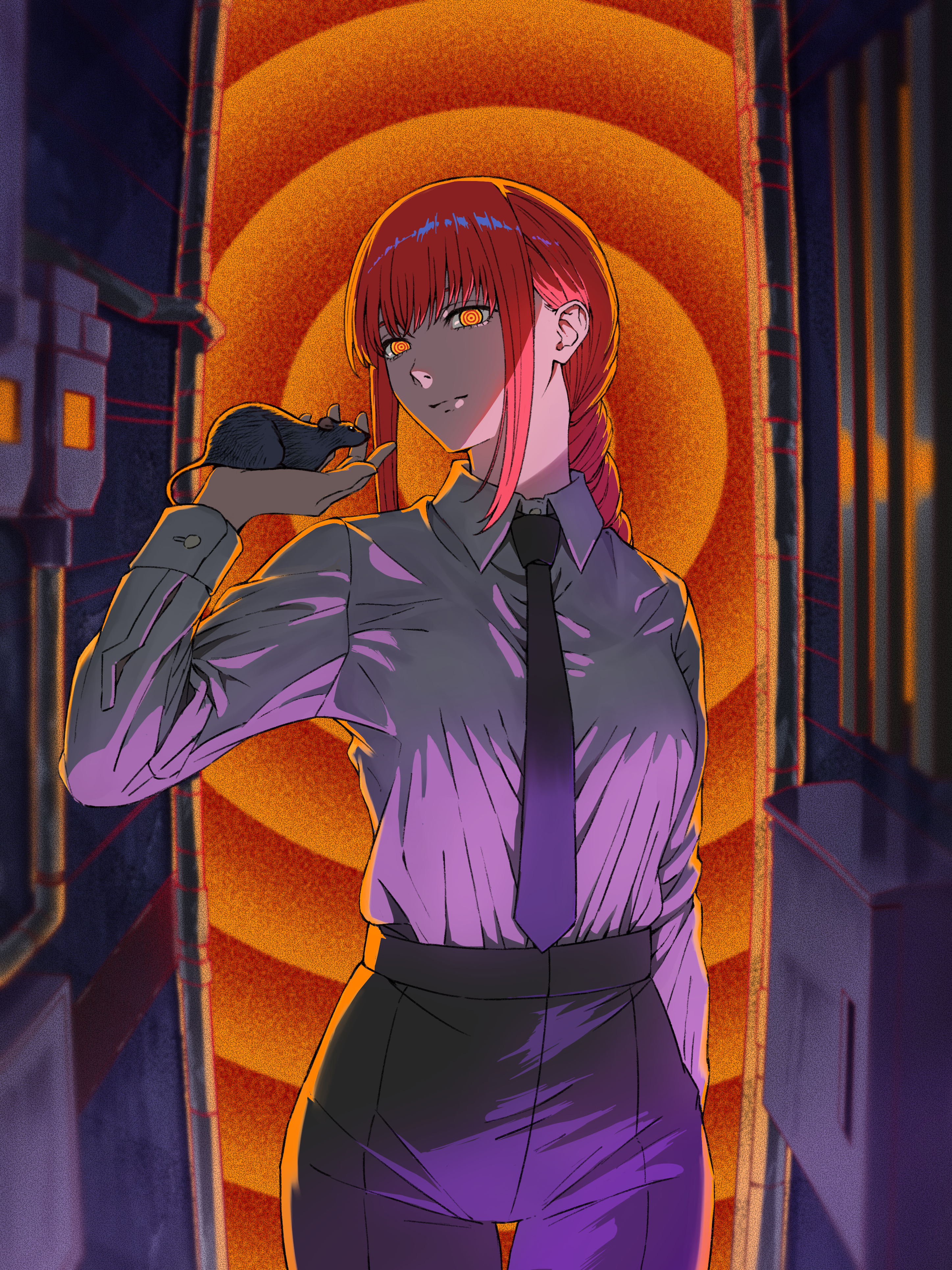 zupakyo, makima (chainsaw man), chainsaw man, absurdres, commentary request, highres, 1girl, animal, animal on head, black necktie, black pants, closed mouth, collared shirt, cowboy shot, grey shirt, long sleeves, looking at viewer, mouse (animal), mouse on hand, necktie, on head, orange eyes, pants, red hair, ringed eyes, shirt, shirt tucked in, sidelocks, solo