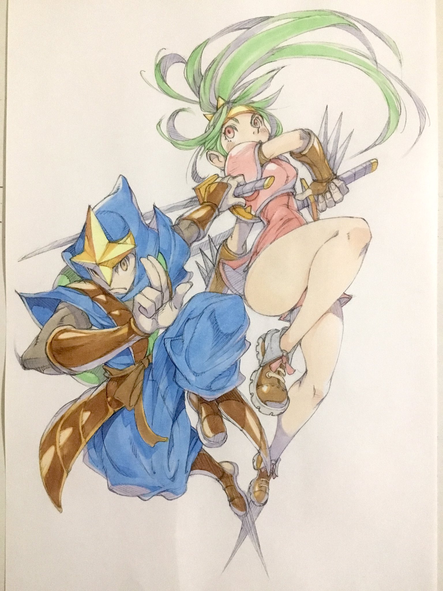 peter salt, original, commentary, highres, traditional media, 1boy, 1girl, arm guards, armor, bare legs, boots, bow, brown boots, brown eyes, brown shoes, chest guard, dress, hair bow, headband, holding, holding sword, holding weapon, japanese clothes, katana, kuji-in, long hair, looking at viewer, microdress, ninja, pants, pink dress, pink eyes, ponytail, puffy pants, shoes, shoulder armor, sword, thighs, weapon, white background, yellow bow, yellow headband