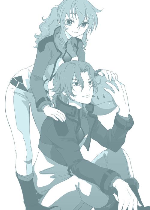 plum (arch), feldt grace, haro, lockon stratos, lyle dylandy, gundam, gundam 00, 00s, 1boy, 1girl, aqua theme, gloves, jacket, monochrome, ponytail, smile