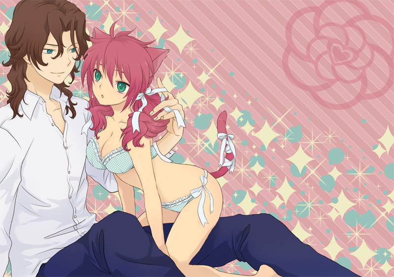plum (arch), feldt grace, lockon stratos, gundam, gundam 00, striped, 00s, 1boy, 1girl, animal ears, bra, breasts, brown hair, cat ears, cleavage, couple, curly hair, green eyes, hair ribbon, hetero, large breasts, lingerie, panties, pink hair, polka dot, ribbon, side-tie panties, sparkle, underwear, underwear only