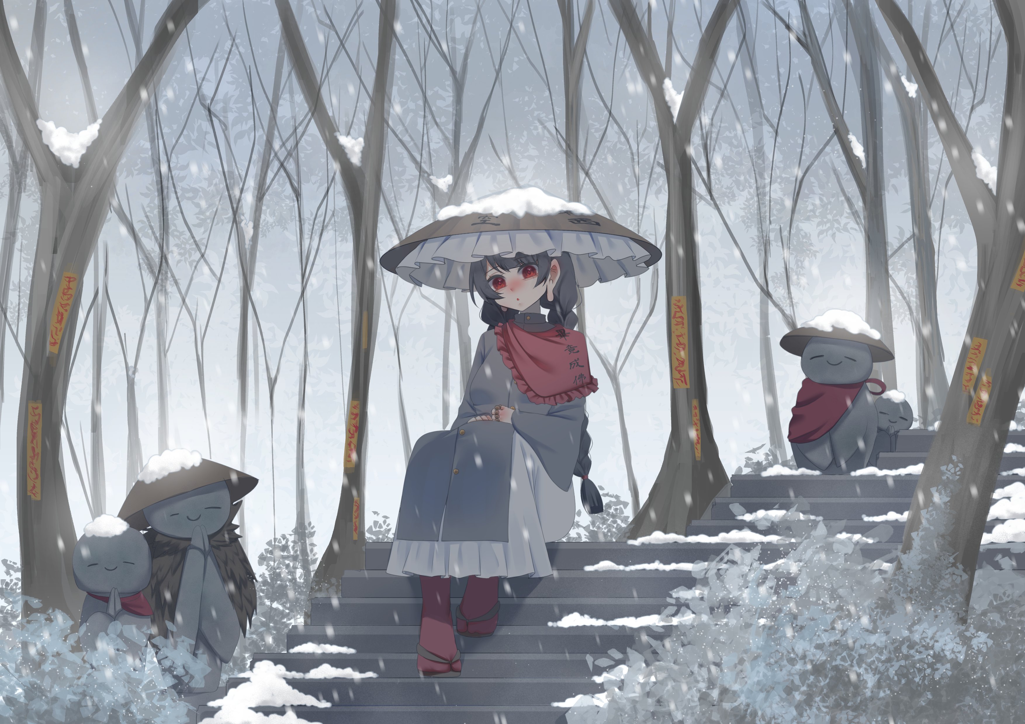 no noru, yatadera narumi, touhou, absurdres, commentary, english commentary, highres, 1girl, :o, ajirogasa, bare tree, black hair, blush, braid, brown sandals, buttons, capelet, dress, frilled capelet, frilled dress, frilled hat, frills, full body, grey dress, hands on lap, hat, jewelry, jizou, long dress, long earlobes, long hair, long sleeves, looking at viewer, multiple rings, nose blush, ofuda, outdoors, parted lips, red capelet, red eyes, red socks, ring, sandals, single strap, sitting, sitting on stairs, snow, snow on headwear, snowing, socks, solo, stairs, statue, tree, twin braids, winter