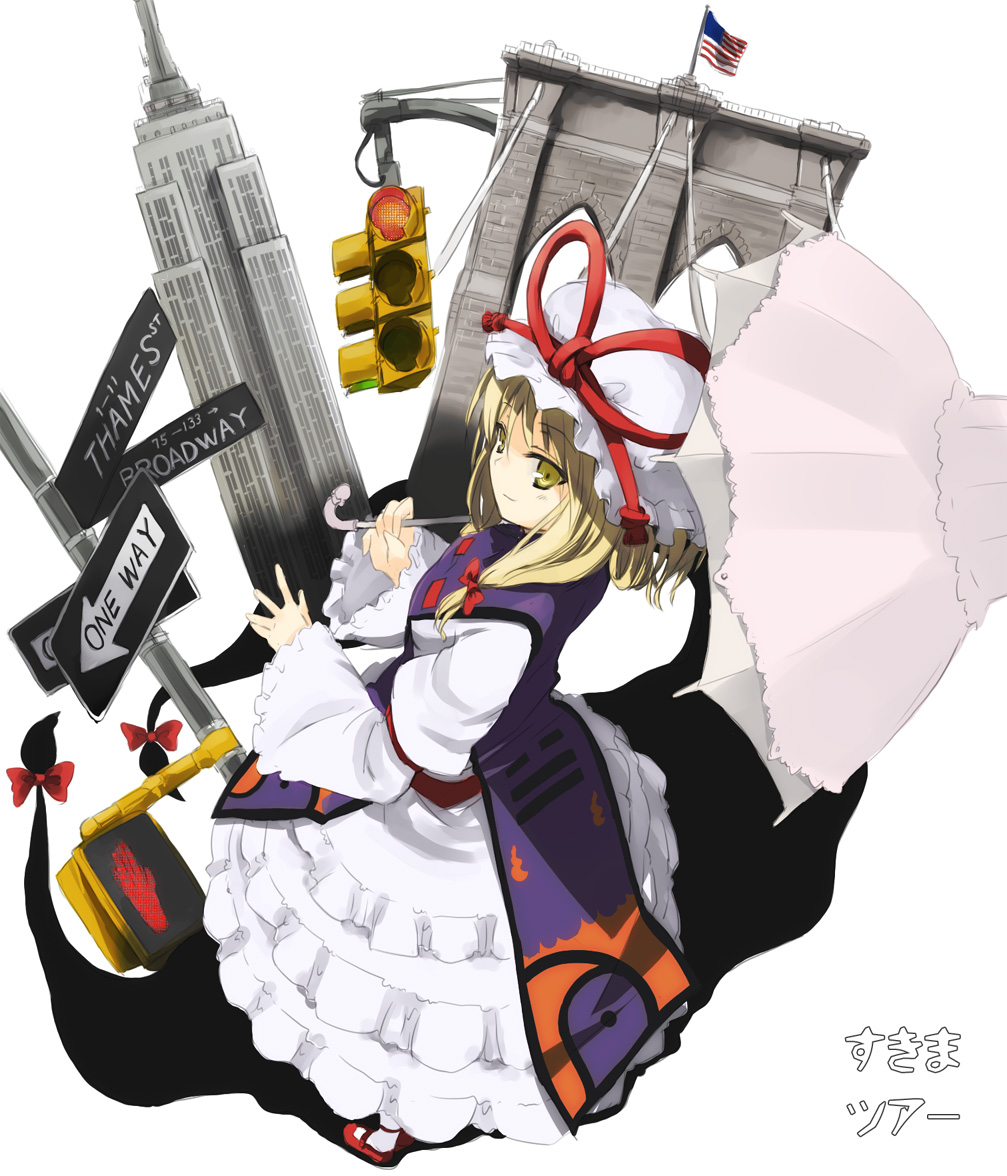 gotyou, yakumo yukari, touhou, white legwear, 1girl, american flag, blonde hair, brooklyn bridge, dress, empire state building, female focus, flag, frilled dress, frills, full body, gap (touhou), hat, holding, holding umbrella, looking to the side, mary janes, mob cap, new york city, one way sign, parasol, red shoes, road sign, shoes, sign, simple background, smile, solo, standing, tabard, traffic light, umbrella, white background, white dress, yellow eyes