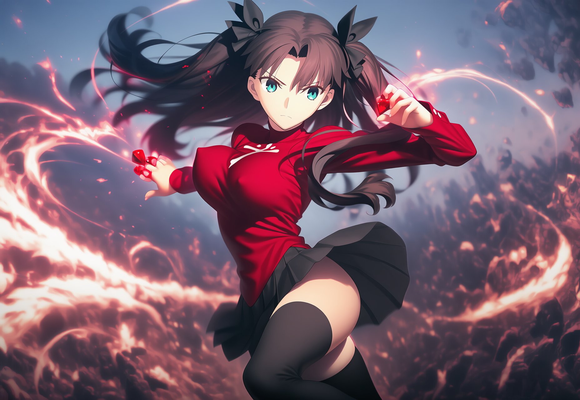 tohsaka rin, fate/stay night, fate/unlimited blade works, fate (series), ai-generated, artist request, highres, 1girl, black bow, black hair, black ribbon, black skirt, black socks, blue eyes, bow, breasts, closed mouth, covered erect nipples, female focus, gem, hair bow, hair ornament, hair ribbon, holding, holding gem, jewelry, large breasts, legs, long hair, long sleeves, looking at viewer, miniskirt, nipples, no bra, no panties, pleated skirt, red gemstone, red shirt, ribbon, sexually suggestive, shirt, skirt, socks, solo, solo focus, thighhighs, thighs, twintails, upskirt, zettai ryouiki